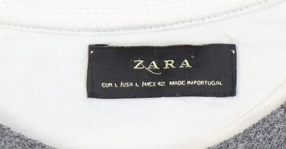 Zara Men Grey Striped Cotton Blend Crew Neck T-Shirt Size L