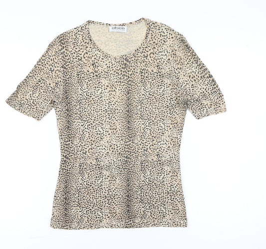 Olsen Women Beige Animal Print Viscose Stretch T-Shirt Size 10