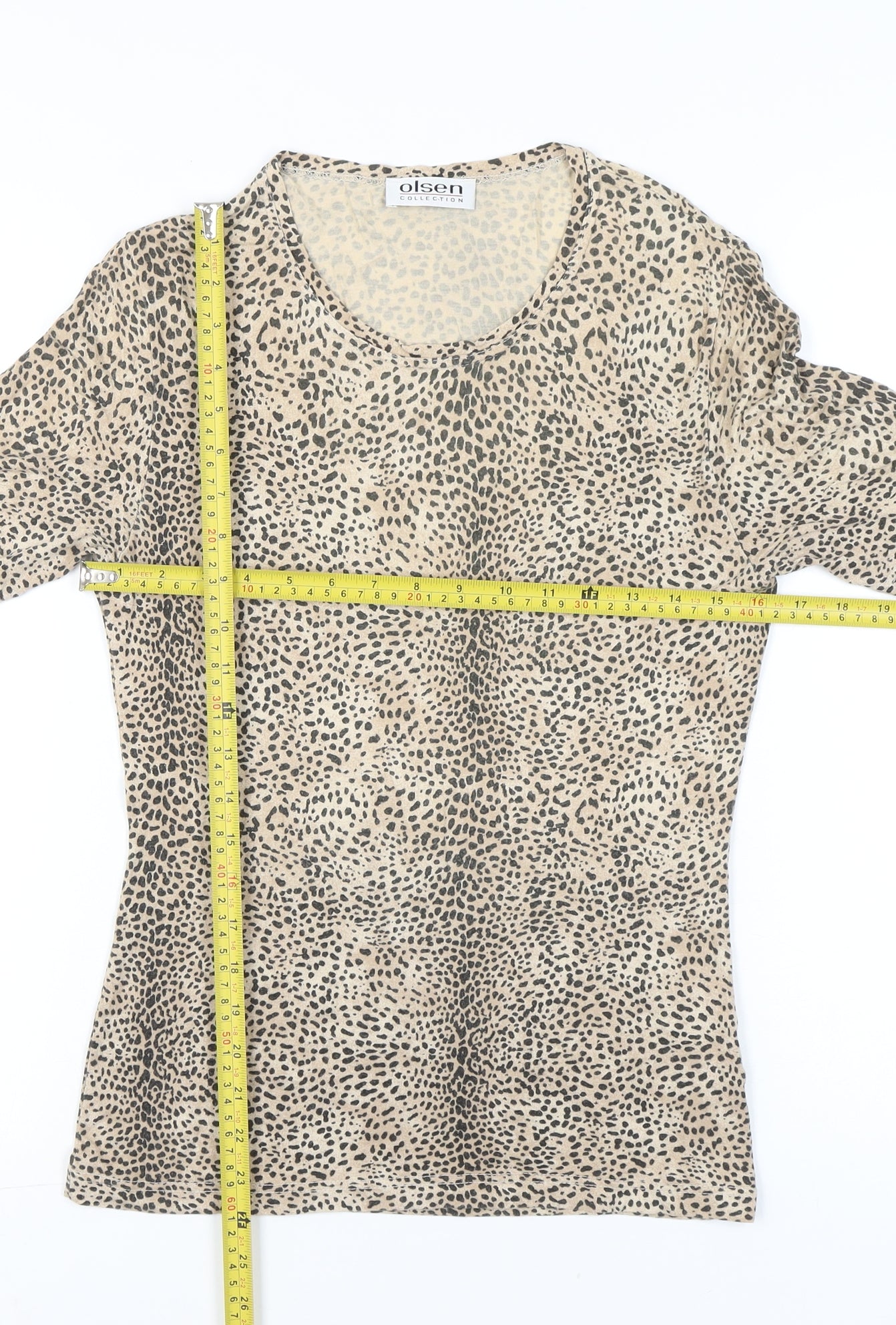 Olsen Women Beige Animal Print Viscose Stretch T-Shirt Size 10