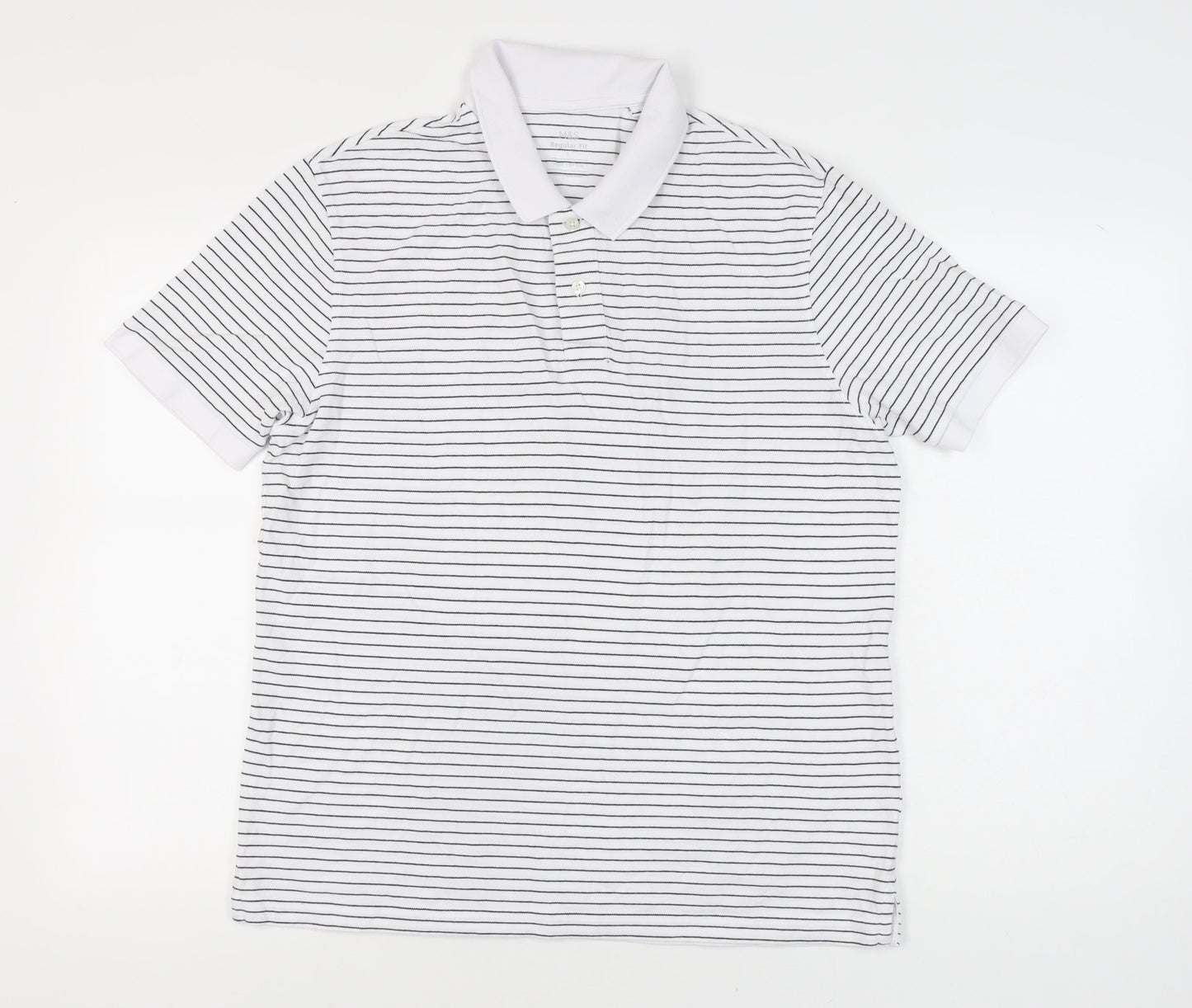 Marks and Spencer Mens White Striped Polo Shirt L Regular Fit Cotton