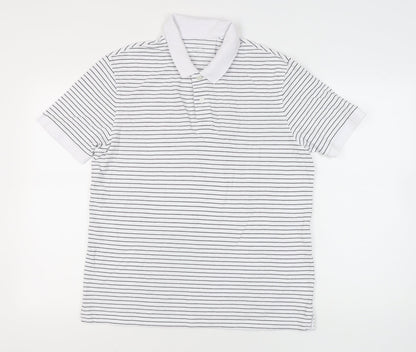 Marks and Spencer Mens White Striped Polo Shirt L Regular Fit Cotton
