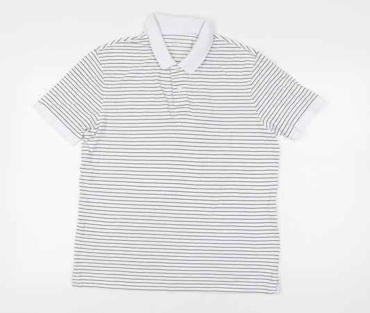 Marks and Spencer Mens White Striped Polo Shirt L Regular Fit Cotton