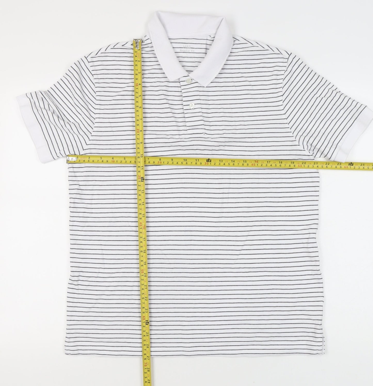 Marks and Spencer Mens White Striped Polo Shirt L Regular Fit Cotton