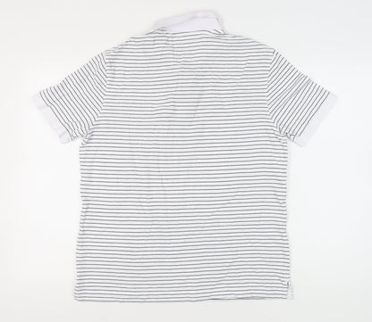 Marks and Spencer Mens White Striped Polo Shirt L Regular Fit Cotton