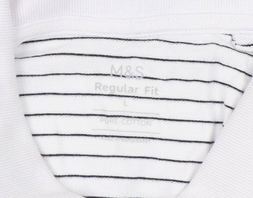 Marks and Spencer Mens White Striped Polo Shirt L Regular Fit Cotton