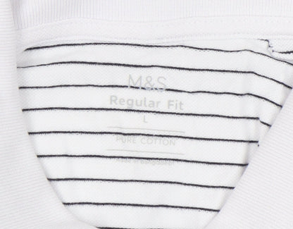 Marks and Spencer Mens White Striped Polo Shirt L Regular Fit Cotton