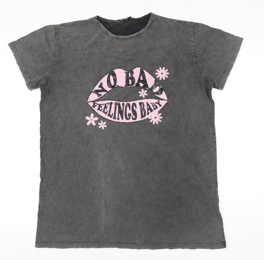 Boohoo Womens Grey Graphic Slogan Cotton T-Shirt UK 14