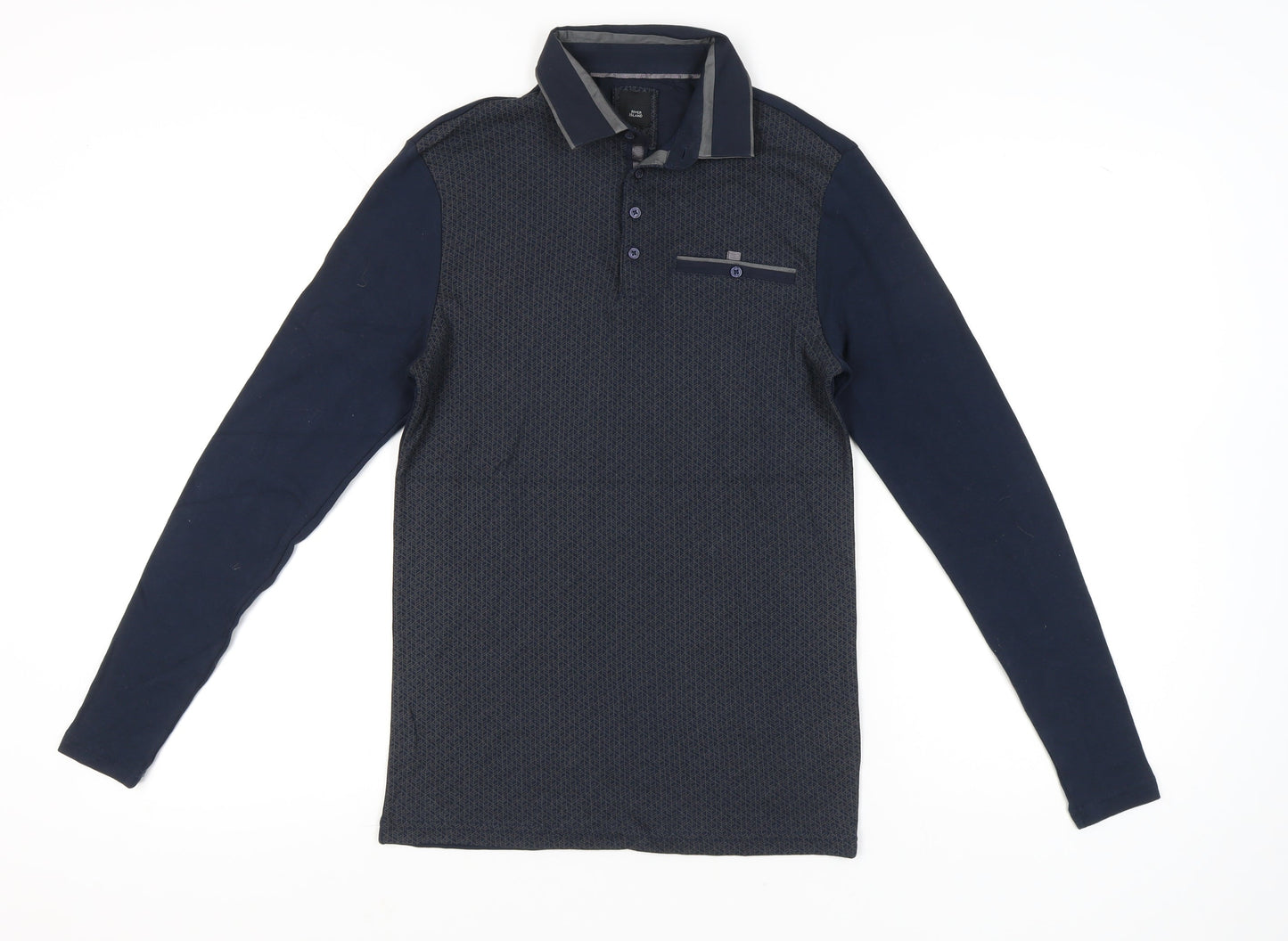 River Island Men's Blue Long Sleeve Polo Shirt XS Geometric Cotton
