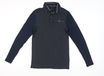 River Island Men's Blue Long Sleeve Polo Shirt XS Geometric Cotton