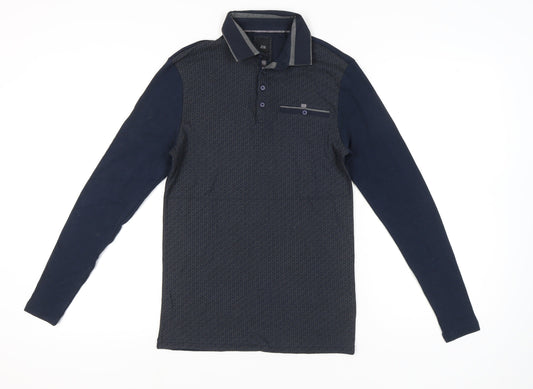 River Island Men's Blue Long Sleeve Polo Shirt XS Geometric Cotton