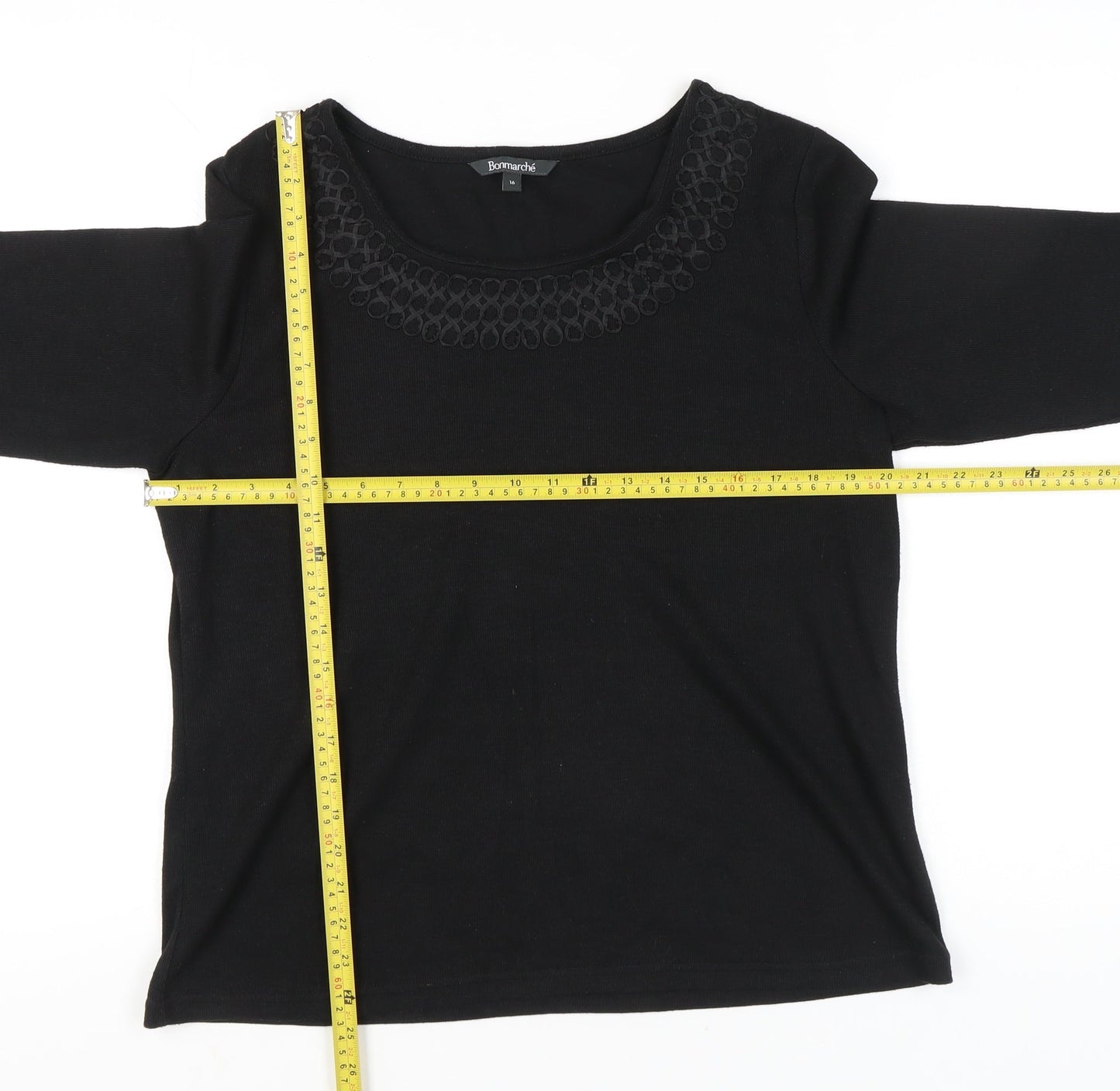 Bonmarché Women's Black Size 16 3/4 Sleeve Embroidered Blouse