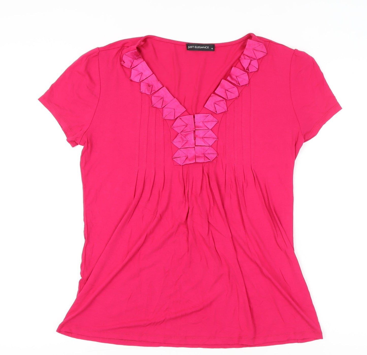 Just Elegance Womens Pink Size 16 V-Neck Short Sleeve Ruffle T-Shirt