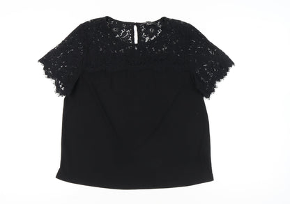 New Look Women Black Lace Tunic Blouse UK 14 Round Neck Short Sleeve