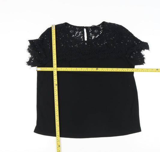New Look Women Black Lace Tunic Blouse UK 14 Round Neck Short Sleeve