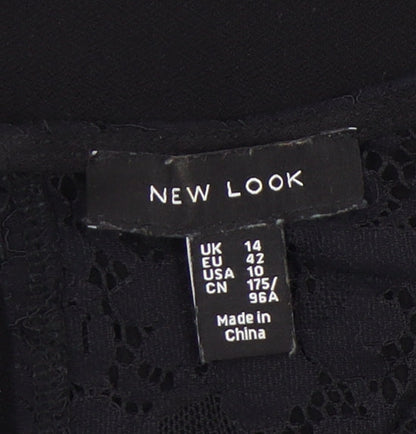 New Look Women Black Lace Tunic Blouse UK 14 Round Neck Short Sleeve