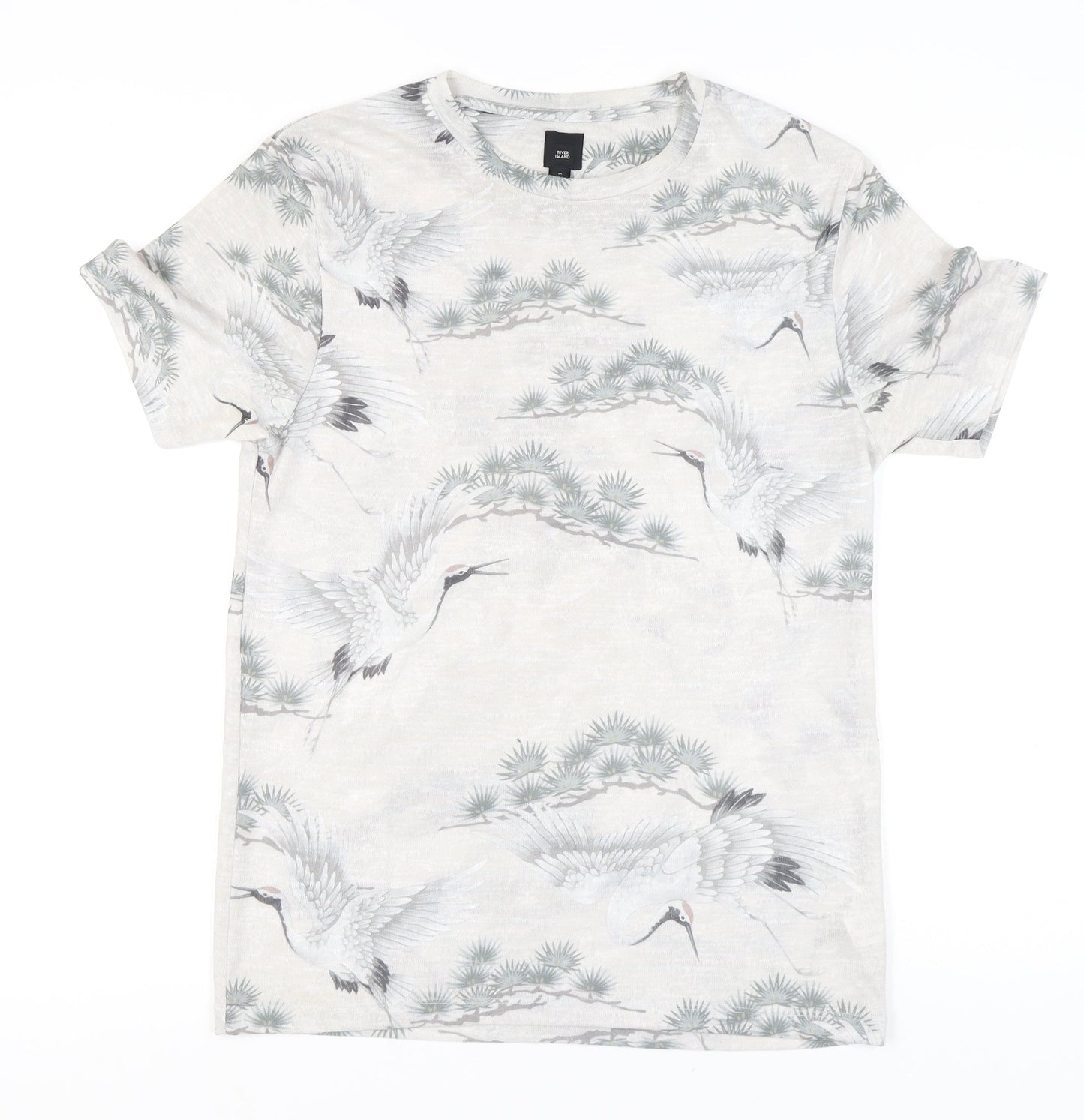 River Island Men’s Beige M Crane Print Graphic T-Shirt Short Sleeve