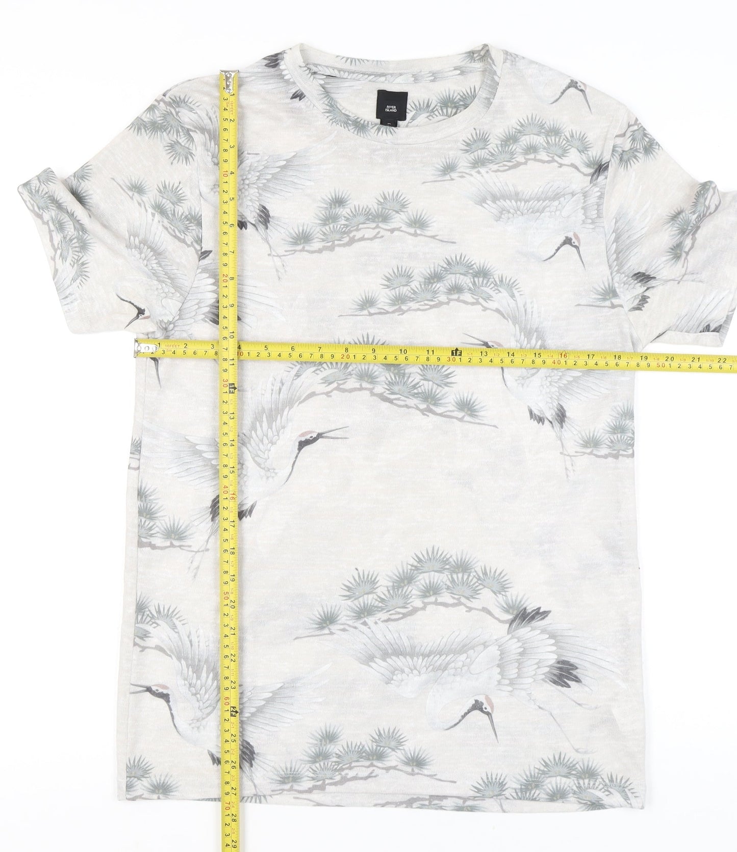 River Island Men’s Beige M Crane Print Graphic T-Shirt Short Sleeve