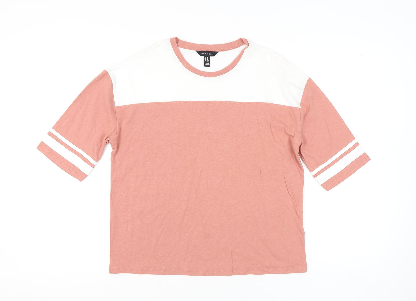 New Look Womens Pink White Colourblock Cotton T-Shirt UK 10