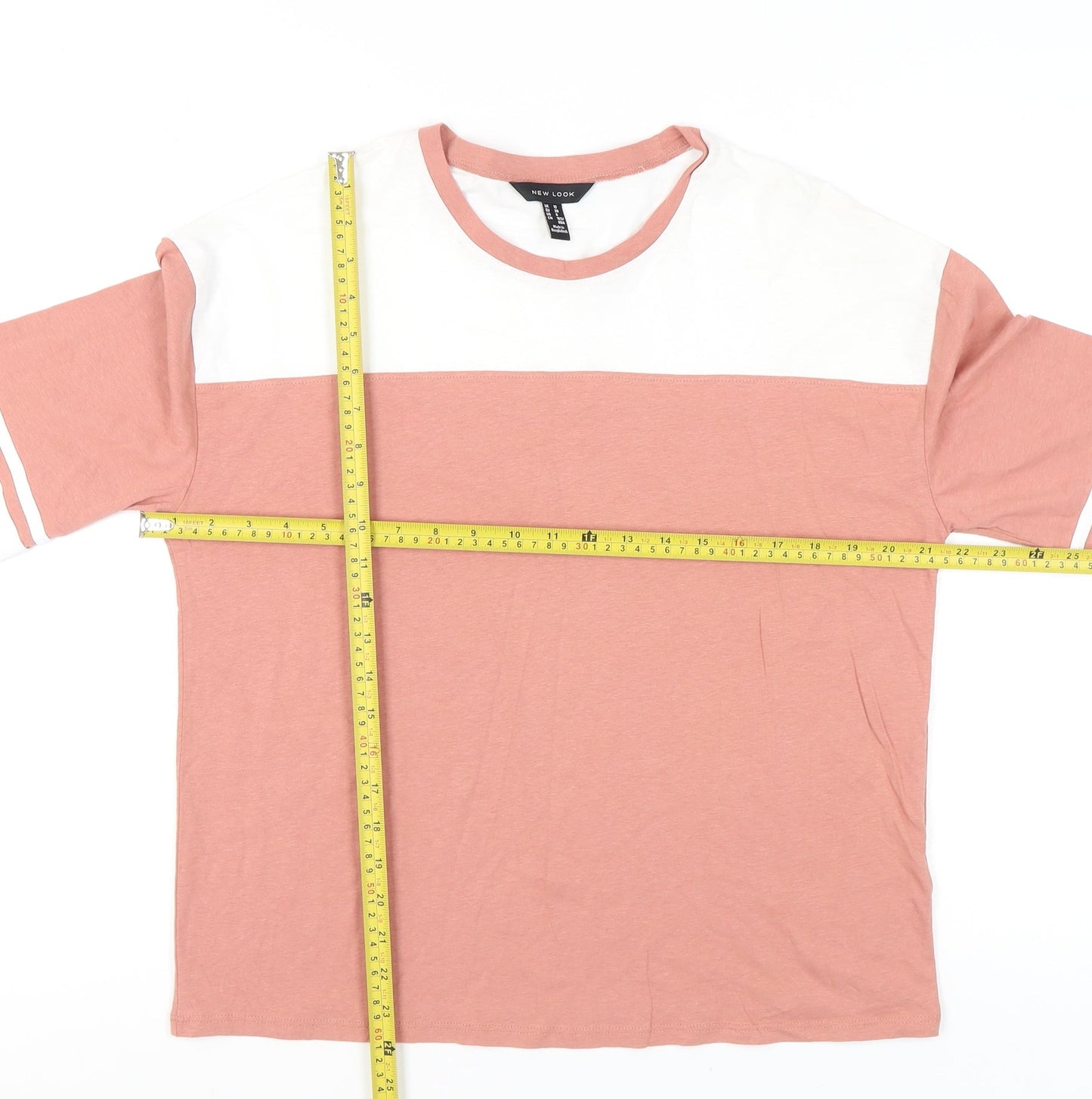 New Look Womens Pink White Colourblock Cotton T-Shirt UK 10