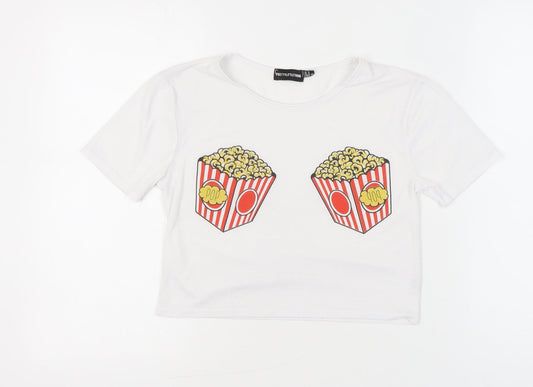 PrettyLittleThing Womens White Size 4 Cropped Popcorn Print T-Shirt