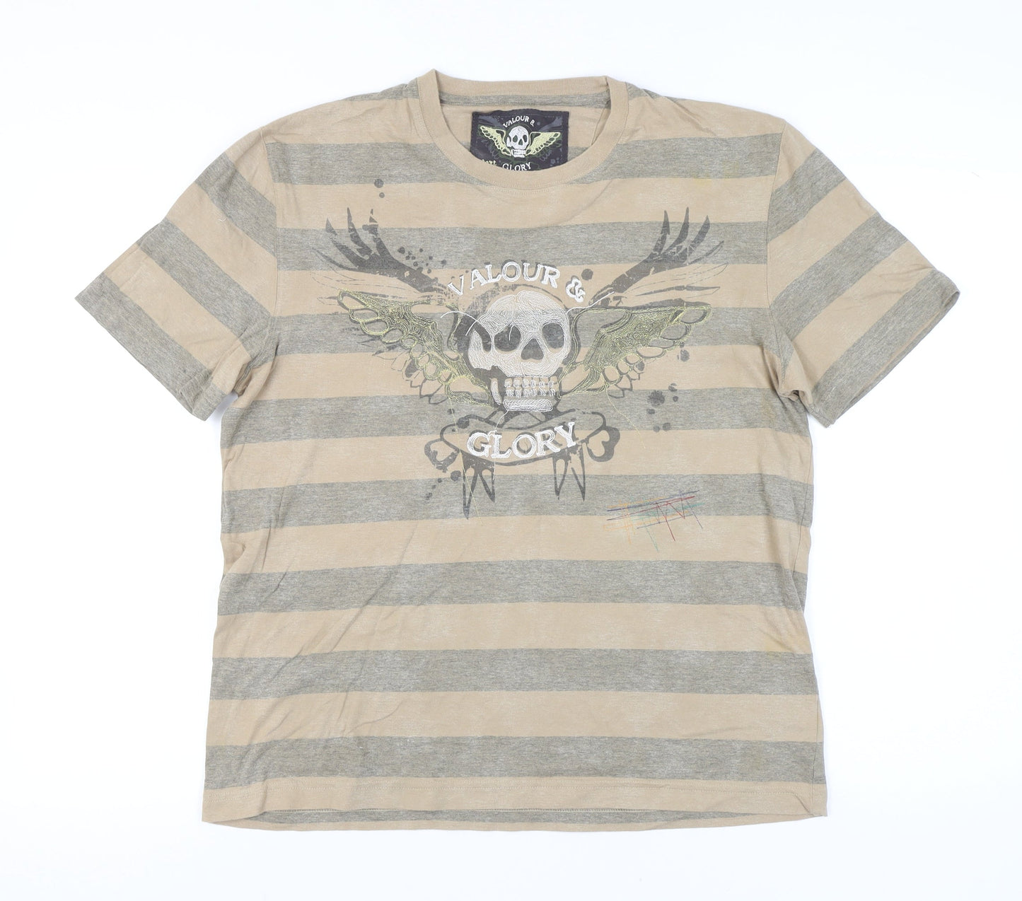 Next Men’s Beige Grey Skull Graphic Striped Cotton T-Shirt Size L