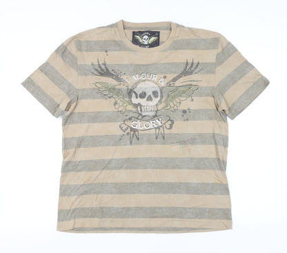 Next Men’s Beige Grey Skull Graphic Striped Cotton T-Shirt Size L