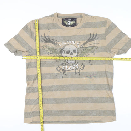 Next Men’s Beige Grey Skull Graphic Striped Cotton T-Shirt Size L
