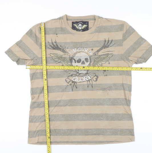 Next Men’s Beige Grey Skull Graphic Striped Cotton T-Shirt Size L