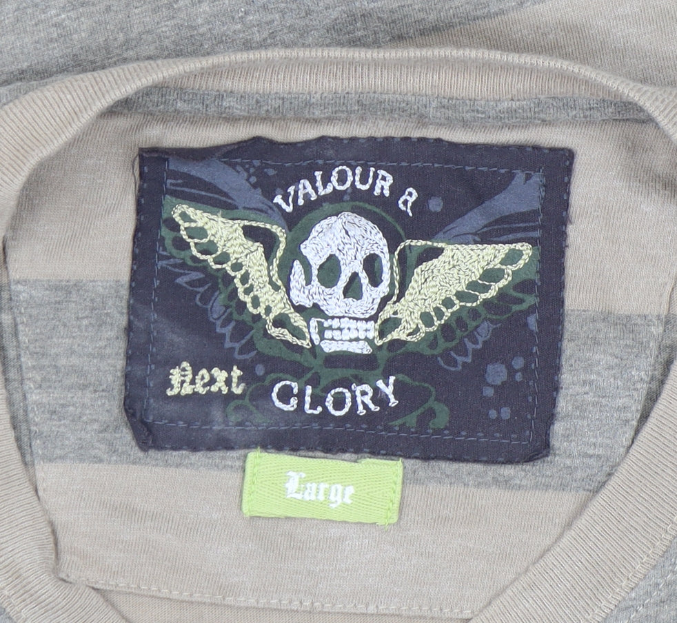Next Men’s Beige Grey Skull Graphic Striped Cotton T-Shirt Size L