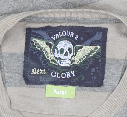 Next Men’s Beige Grey Skull Graphic Striped Cotton T-Shirt Size L