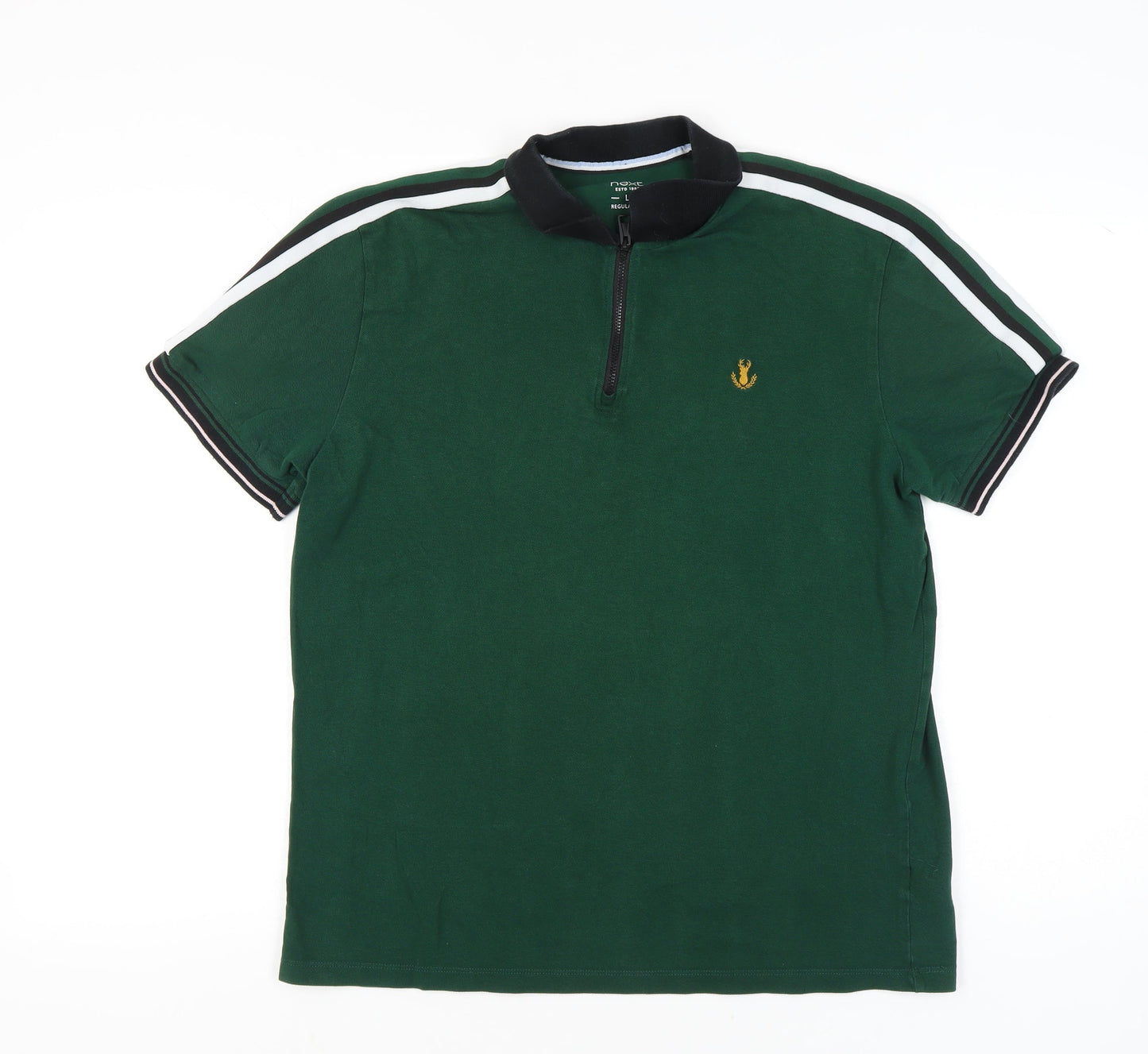 Next Men’s Green Polo Shirt L Regular Fit Zip Collar Cotton