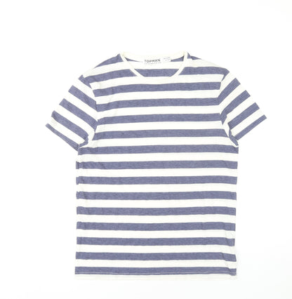 Topman Mens Blue White Striped Crew Neck T-Shirt Size M