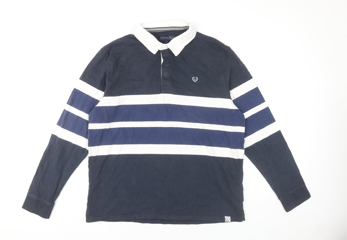 Lincoln Men’s Blue Striped Cotton Long Sleeve Polo Shirt Size L