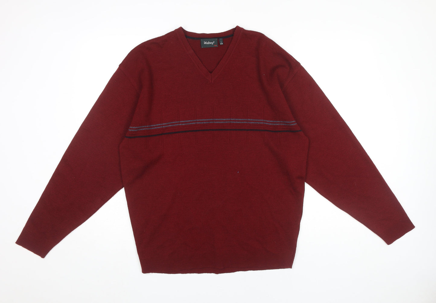Wolsey Men’s Red V-Neck Wool Blend Jumper Size L Classic Knit