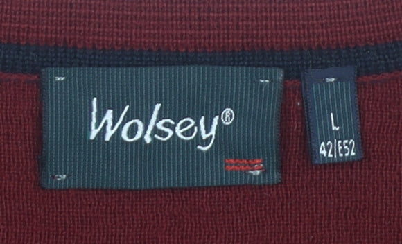 Wolsey Men’s Red V-Neck Wool Blend Jumper Size L Classic Knit