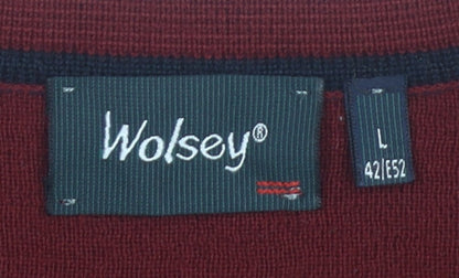 Wolsey Men’s Red V-Neck Wool Blend Jumper Size L Classic Knit