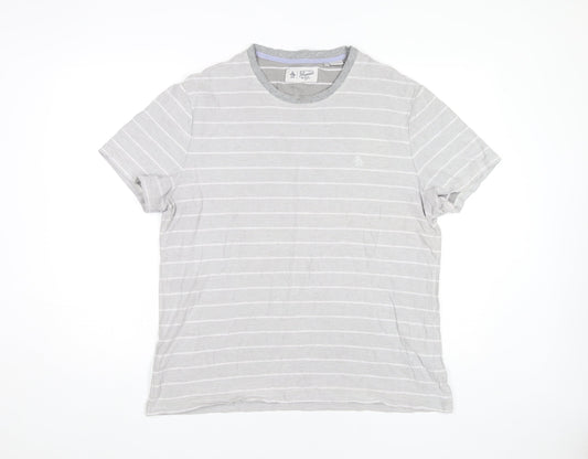 Penguin Mens XL Grey Striped Cotton Crew Neck T-Shirt