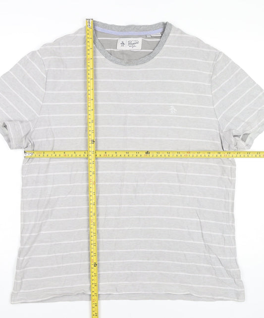 Penguin Mens XL Grey Striped Cotton Crew Neck T-Shirt