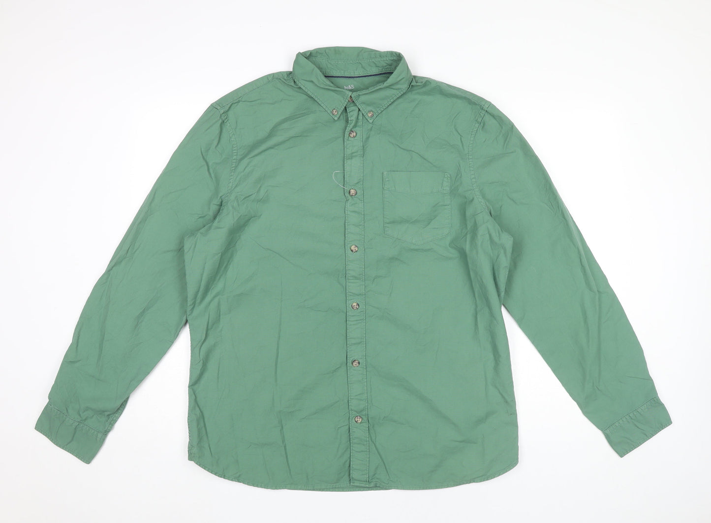 Marks and Spencer Men's Green Long Sleeve Cotton Button-Up Shirt L 41"-43"