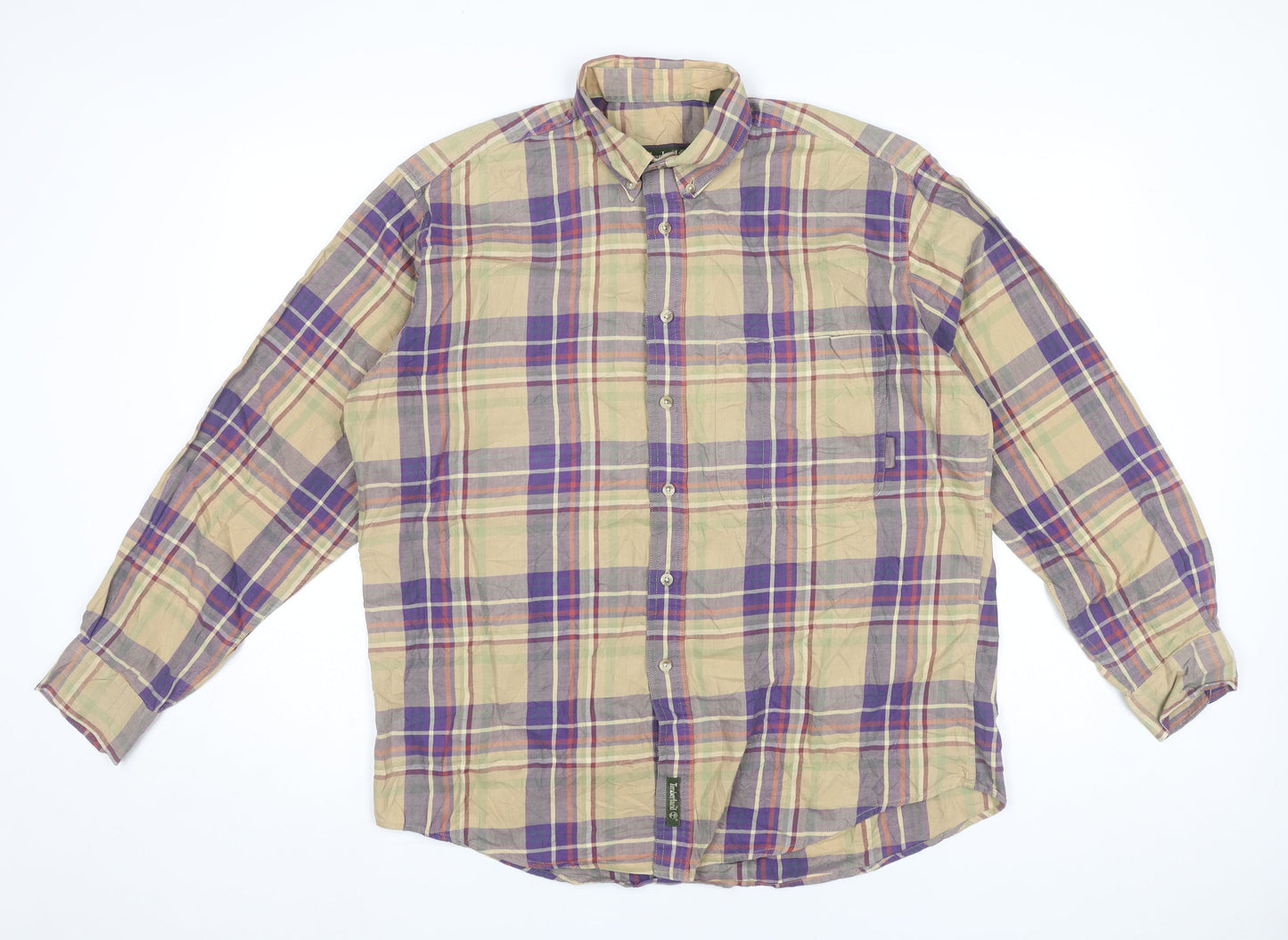 Timberland Mens Small Beige Purple Plaid Button-Up Shirt