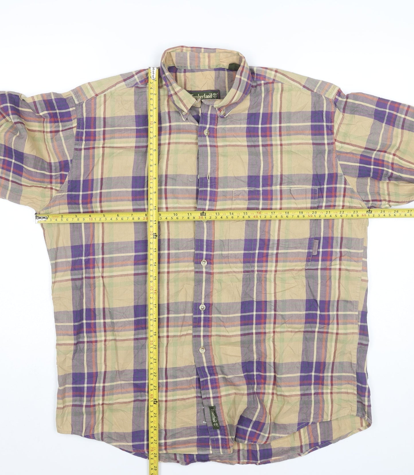 Timberland Mens Small Beige Purple Plaid Button-Up Shirt