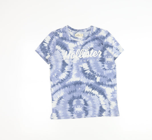 Hollister Unisex Kids Blue Tie-Dye Logo T-Shirt XS Short Sleeve Cotton Blend