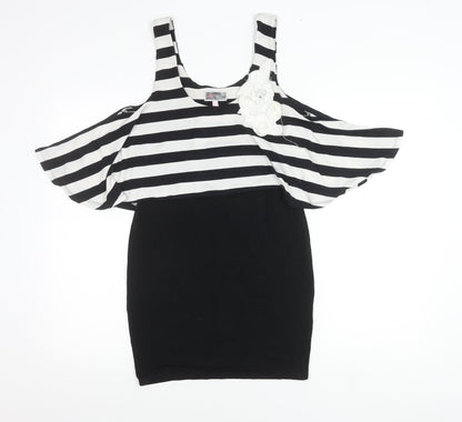 Lipsy Women’s Black White Stripe Cold Shoulder Bodycon Dress Size 10