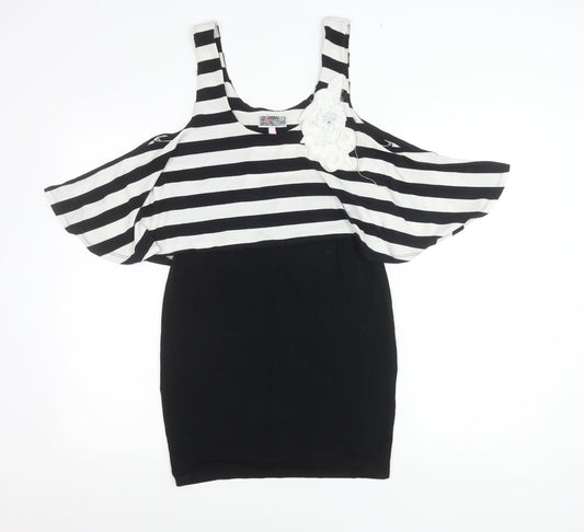 Lipsy Women’s Black White Stripe Cold Shoulder Bodycon Dress Size 10