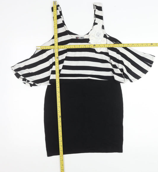 Lipsy Women’s Black White Stripe Cold Shoulder Bodycon Dress Size 10
