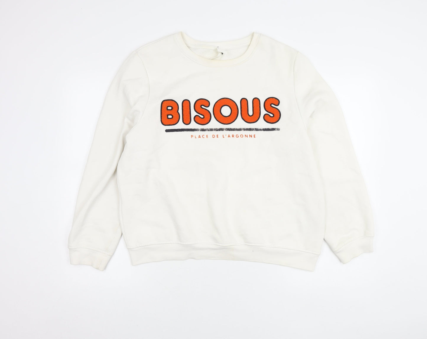 H&M Women’s White Pullover Sweatshirt L Graphic Print Cotton Blend