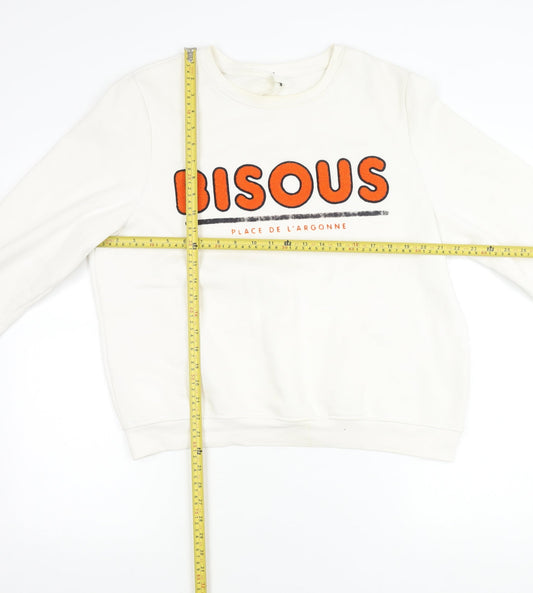 H&M Women’s White Pullover Sweatshirt L Graphic Print Cotton Blend