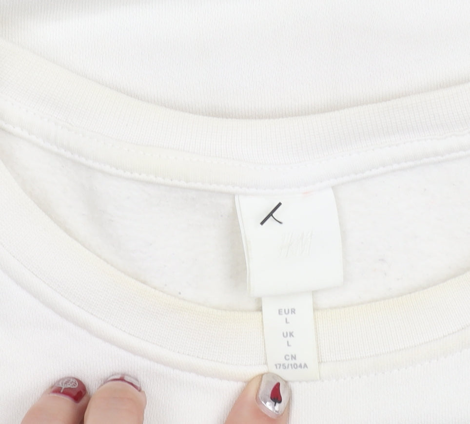 H&M Women’s White Pullover Sweatshirt L Graphic Print Cotton Blend