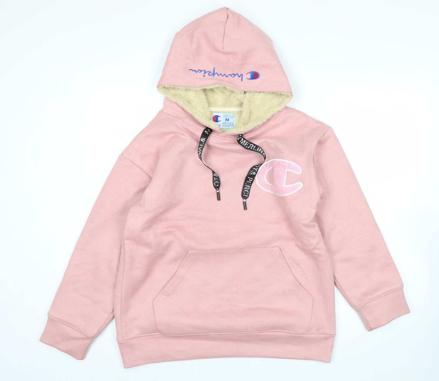 Champion Womens Pink Pullover Hoodie Medium Cotton Logo