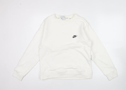 Nike Women White Small Crew Neck Sweatshirt Logo Long Sleeve